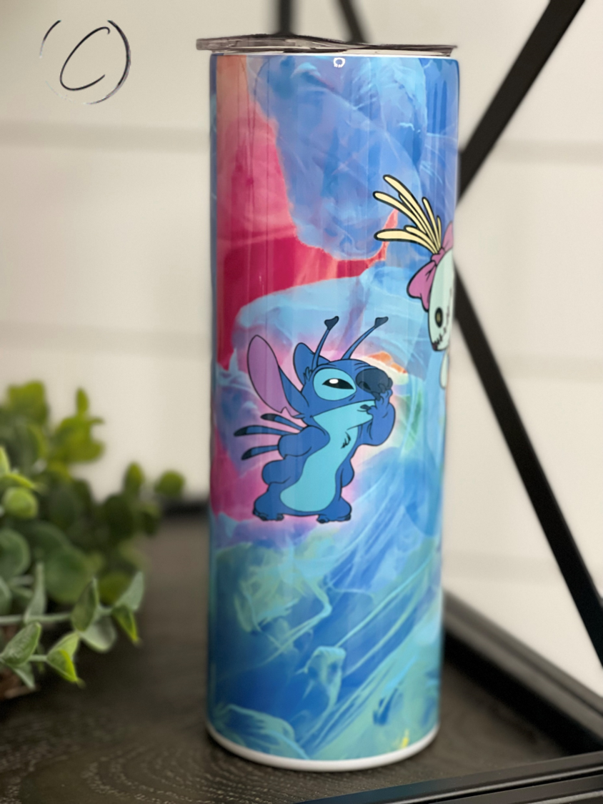 Lilo & Stitch 20oz Skinny Tumbler featuring vibrant full wrap design with reusable straw.