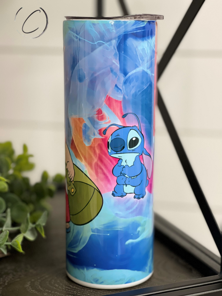 Lilo & Stitch 20oz Skinny Tumbler featuring vibrant full wrap design with reusable straw.