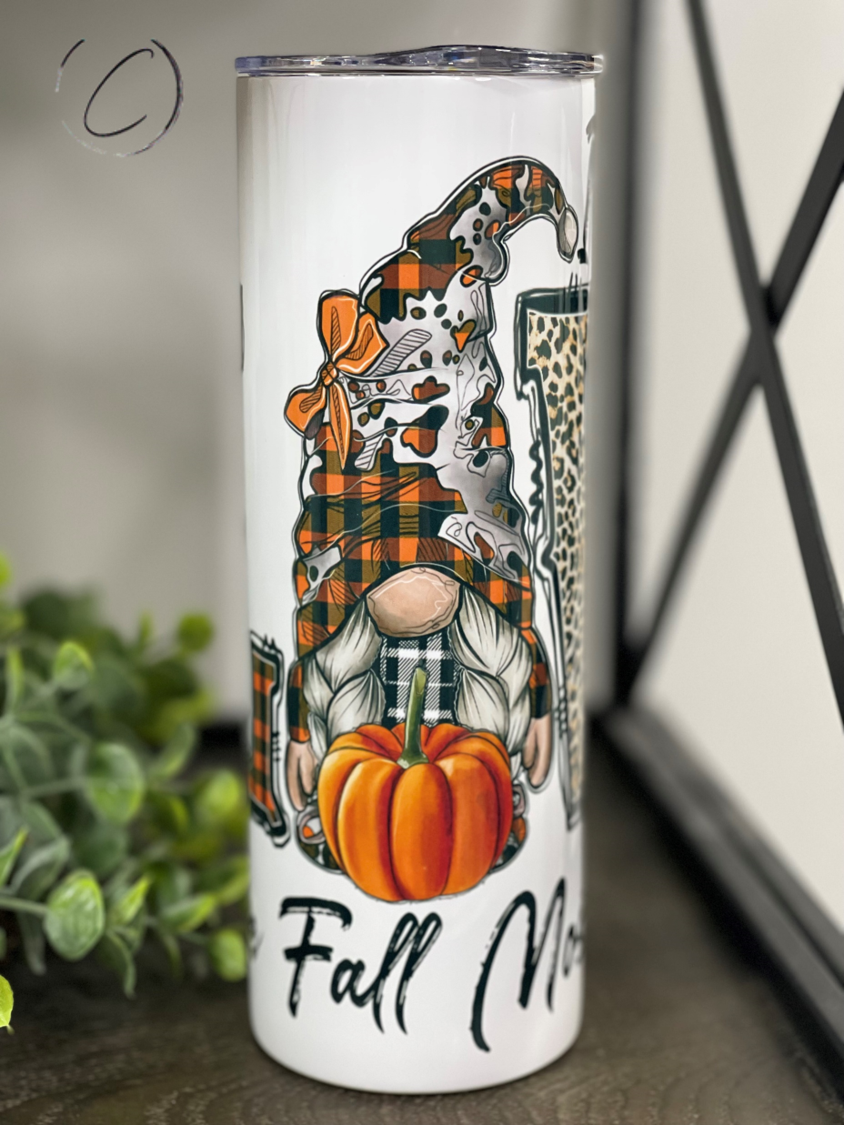 Love Fall Most Of All Gnomes 20oz Skinny Tumbler featuring a charming gnome design, perfect for fall beverages.