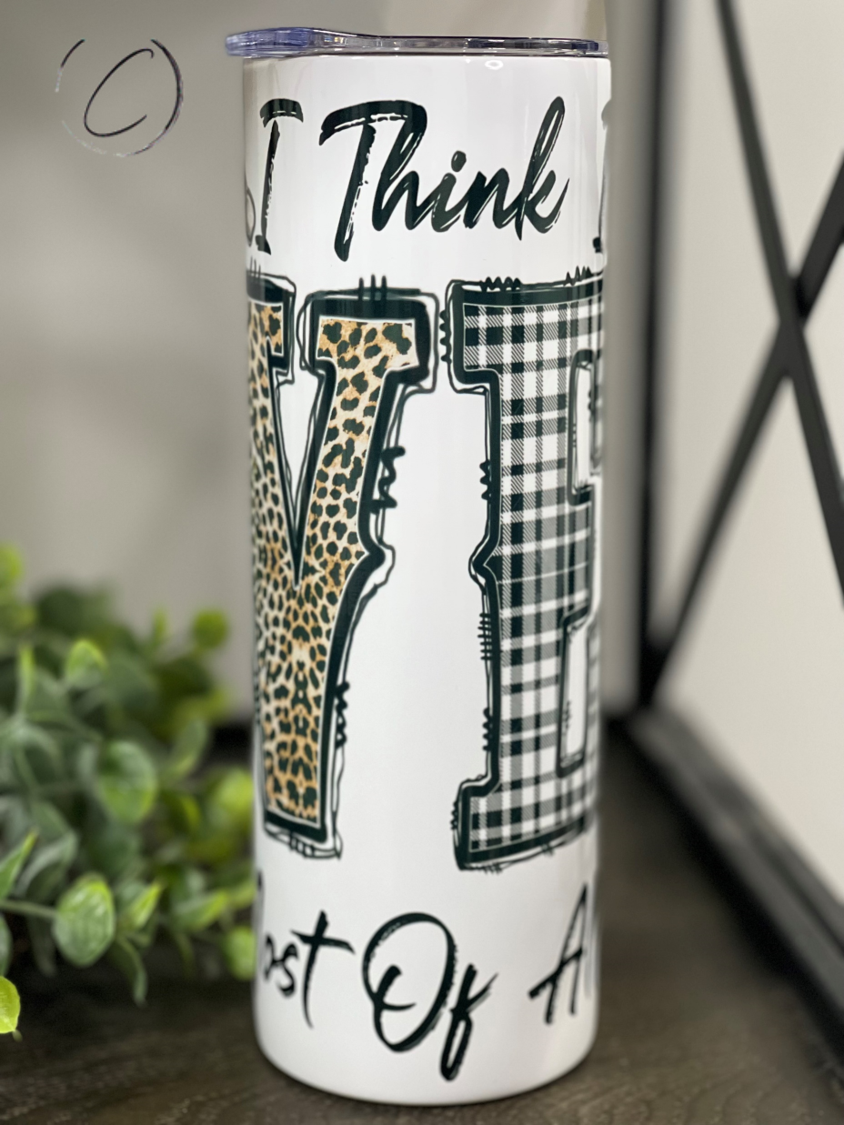 Love Fall Most Of All Gnomes 20oz Skinny Tumbler featuring a charming gnome design, perfect for fall beverages.