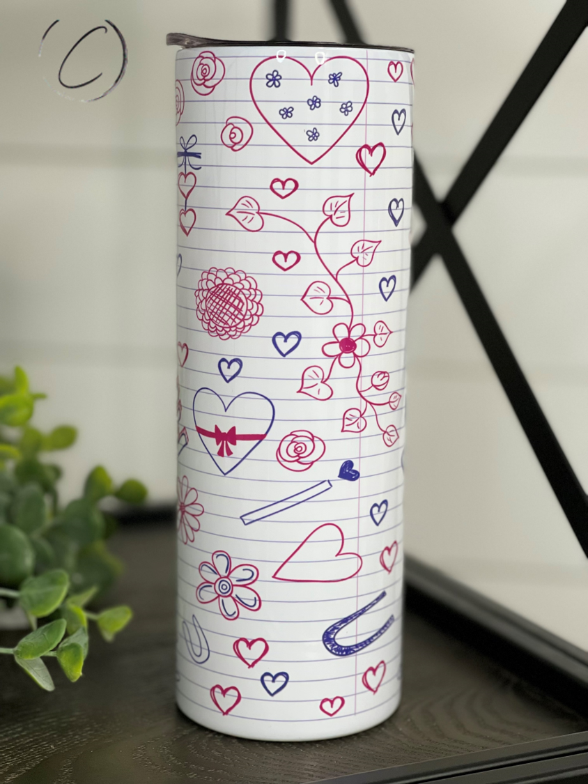 Love Notes 20oz Skinny Tumbler with a vibrant full wrap design, featuring a reusable straw and a sleek, durable finish.