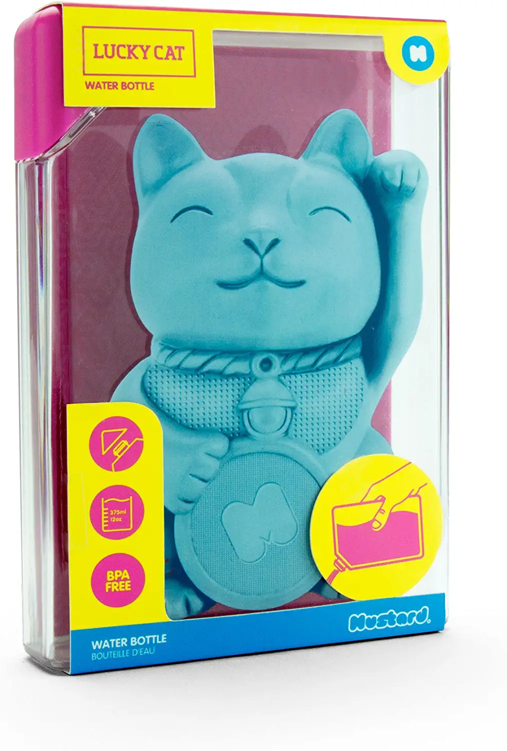 A stylish rectangular water bottle featuring a Japanese Lucky Cat design, perfect for handbags and backpacks.