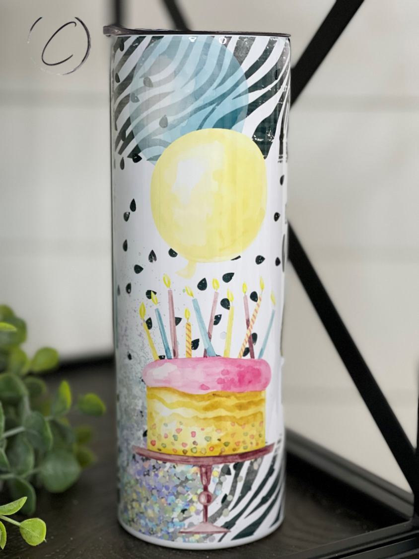 Make A Wish 20oz Skinny Tumbler with a vibrant full wrap design, includes a reusable straw.