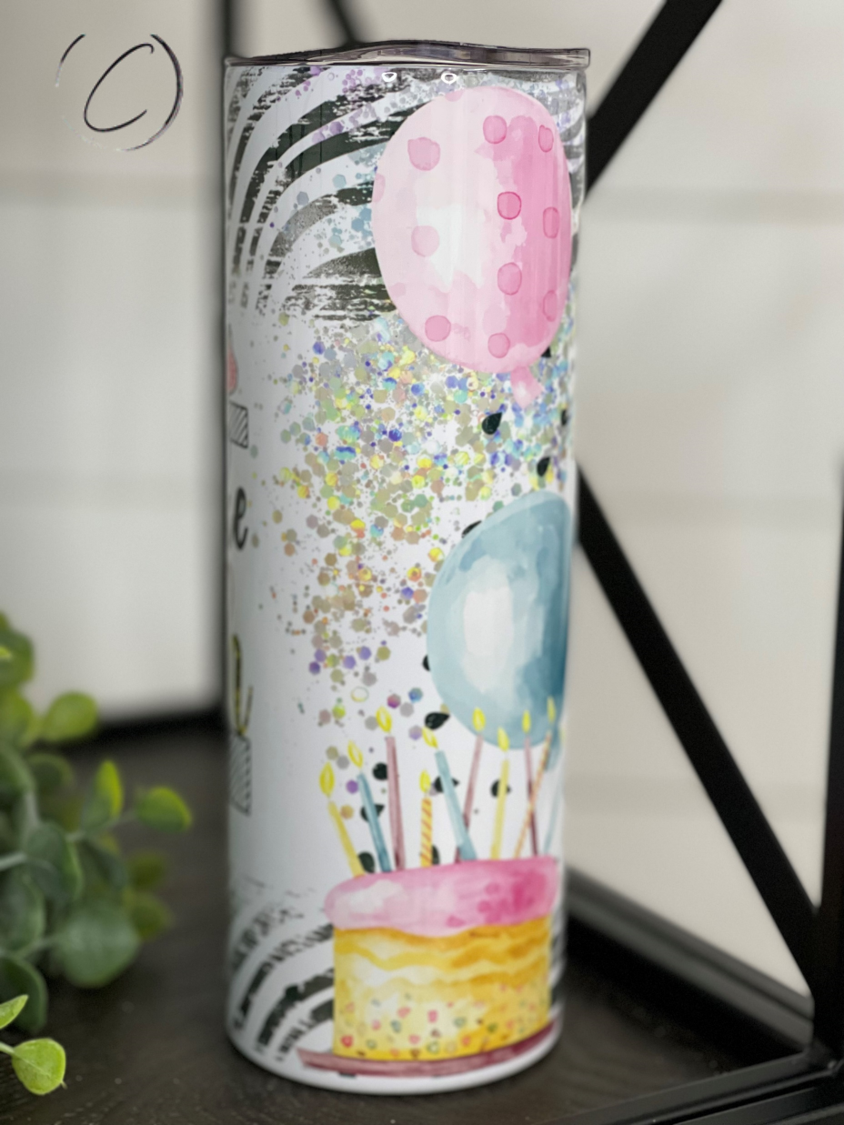 Make A Wish 20oz Skinny Tumbler with a vibrant full wrap design, includes a reusable straw.