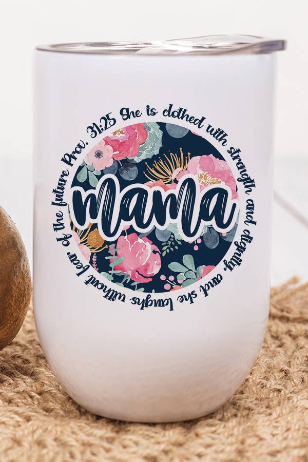 Mama Blue Floral Circle Wine Cup Tumbler with vibrant floral design, stainless steel body, and included lid and straw.