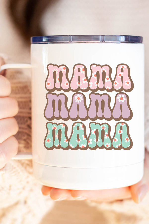 Mama Flower Letters Stack Stainless Steel Coffee Travel Cup with vibrant design, double wall insulation, and secure lid.