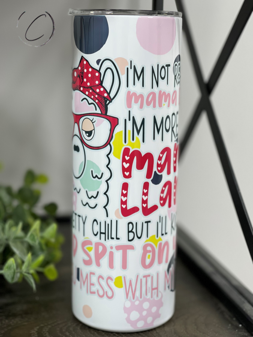 Mama Llama 20oz Skinny Tumbler with vibrant llama design, reusable straw included.