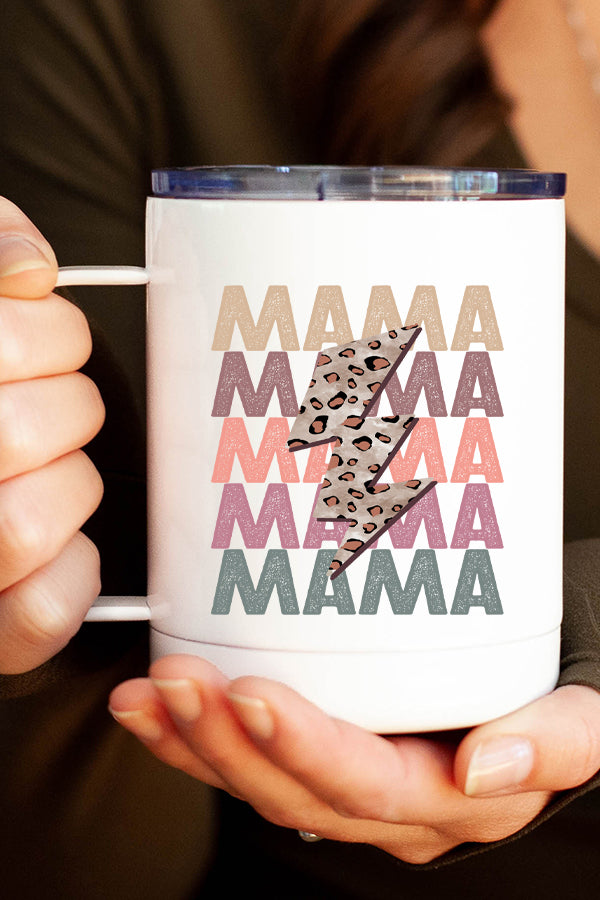 Mama Leopard Bolt Stack Stainless Steel Coffee Travel Cup with a stylish leopard print design, featuring a secure lid and double wall insulation.