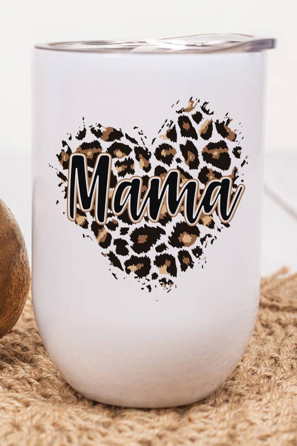 Mama Leopard Heart Wine Cup Tumbler with vibrant leopard heart design, stainless steel, includes lid and straw.