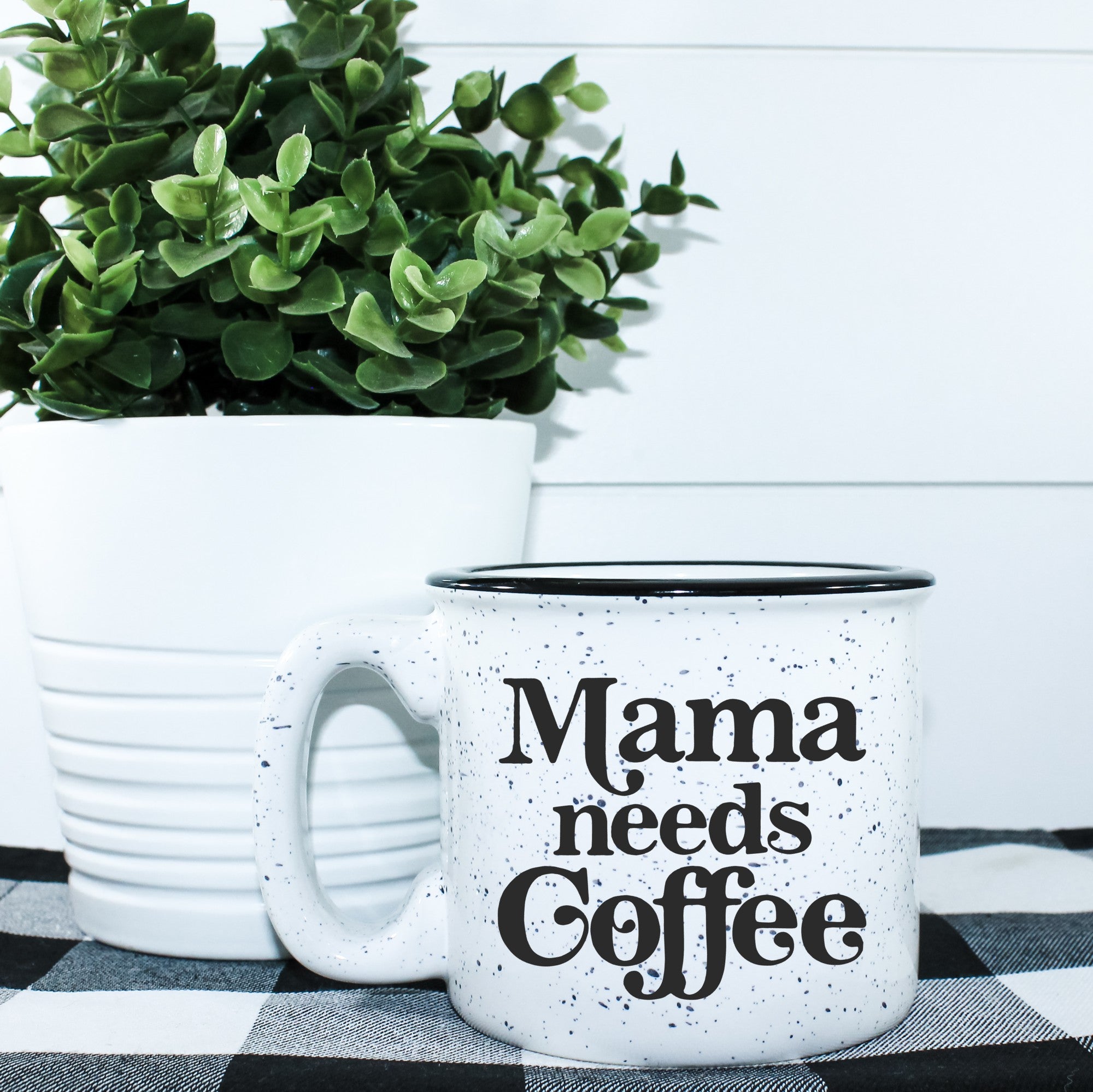 Mama Needs Coffee Campfire Mug, ceramic with vinyl design, 15 oz capacity.