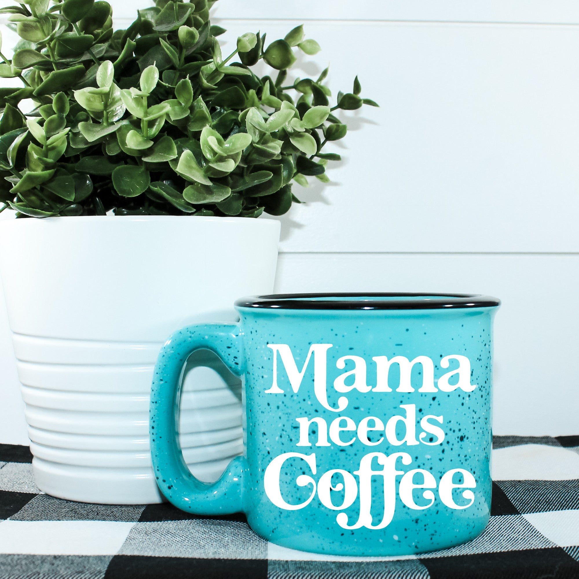 Mama Needs Coffee Campfire Mug, ceramic with vinyl design, 15 oz capacity.