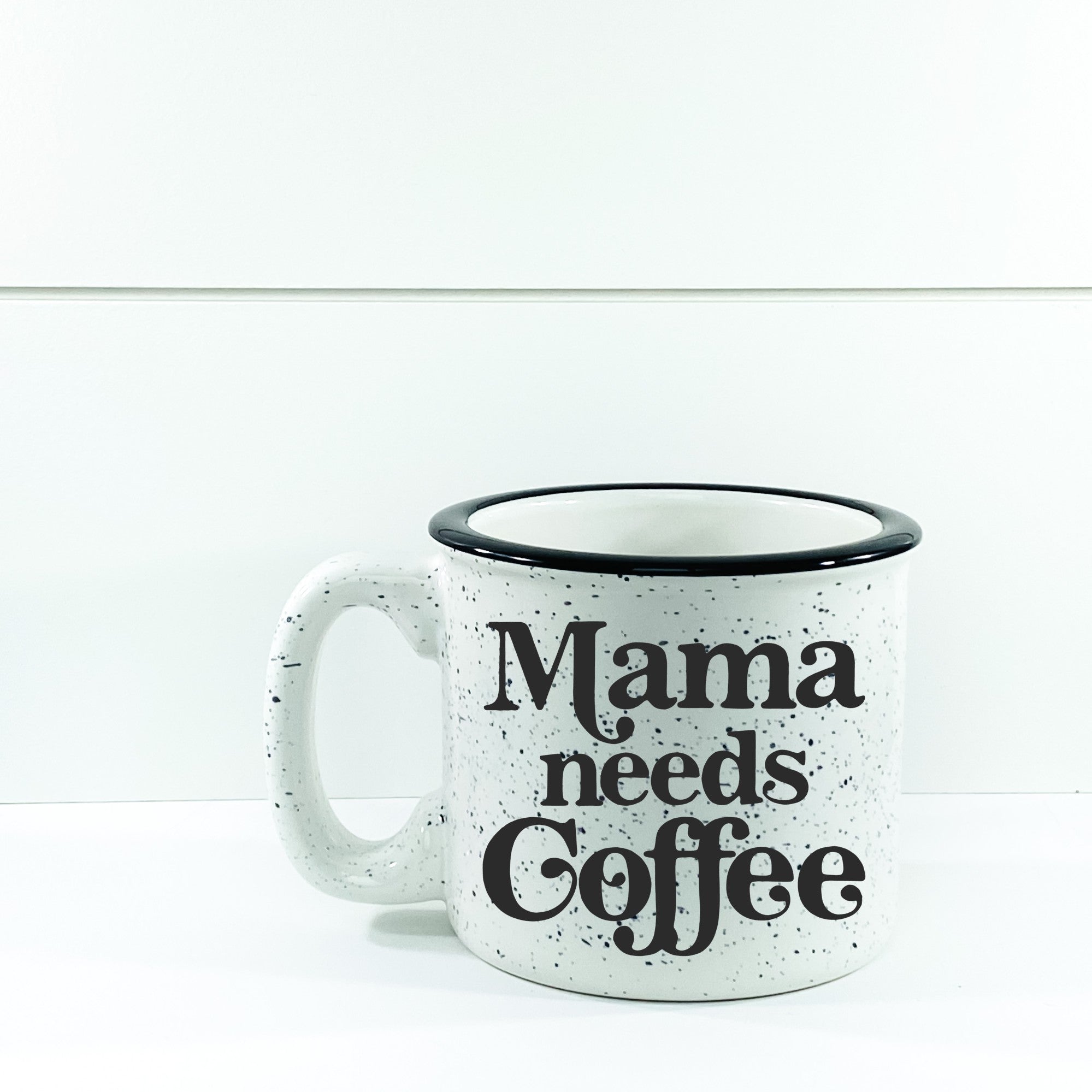 Mama Needs Coffee Campfire Mug, ceramic with vinyl design, 15 oz capacity.