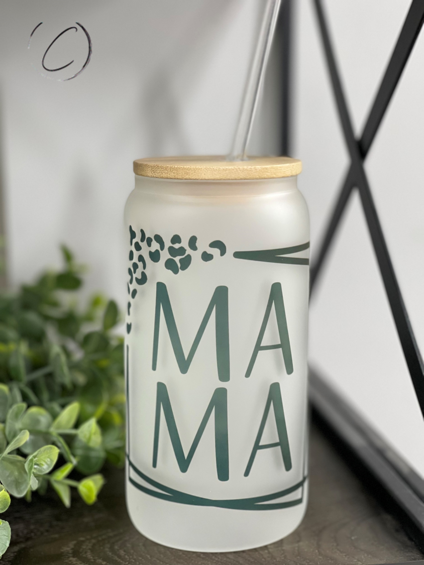 Mama Squared 16oz Libbey Glass tumbler with a reusable straw, showcasing a frost appearance and unique full wrap design.