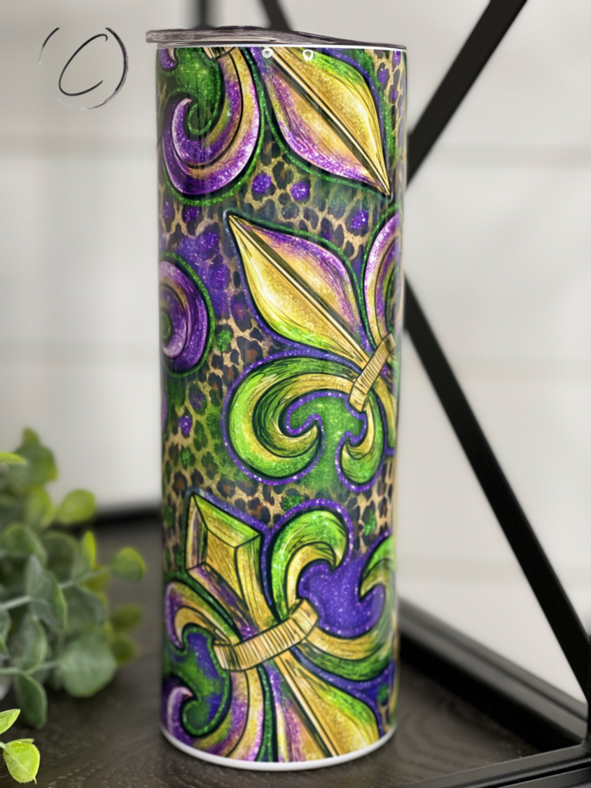 Mardi Gras Fleur-de-lis 20oz Skinny Tumbler with vibrant design and reusable straw.