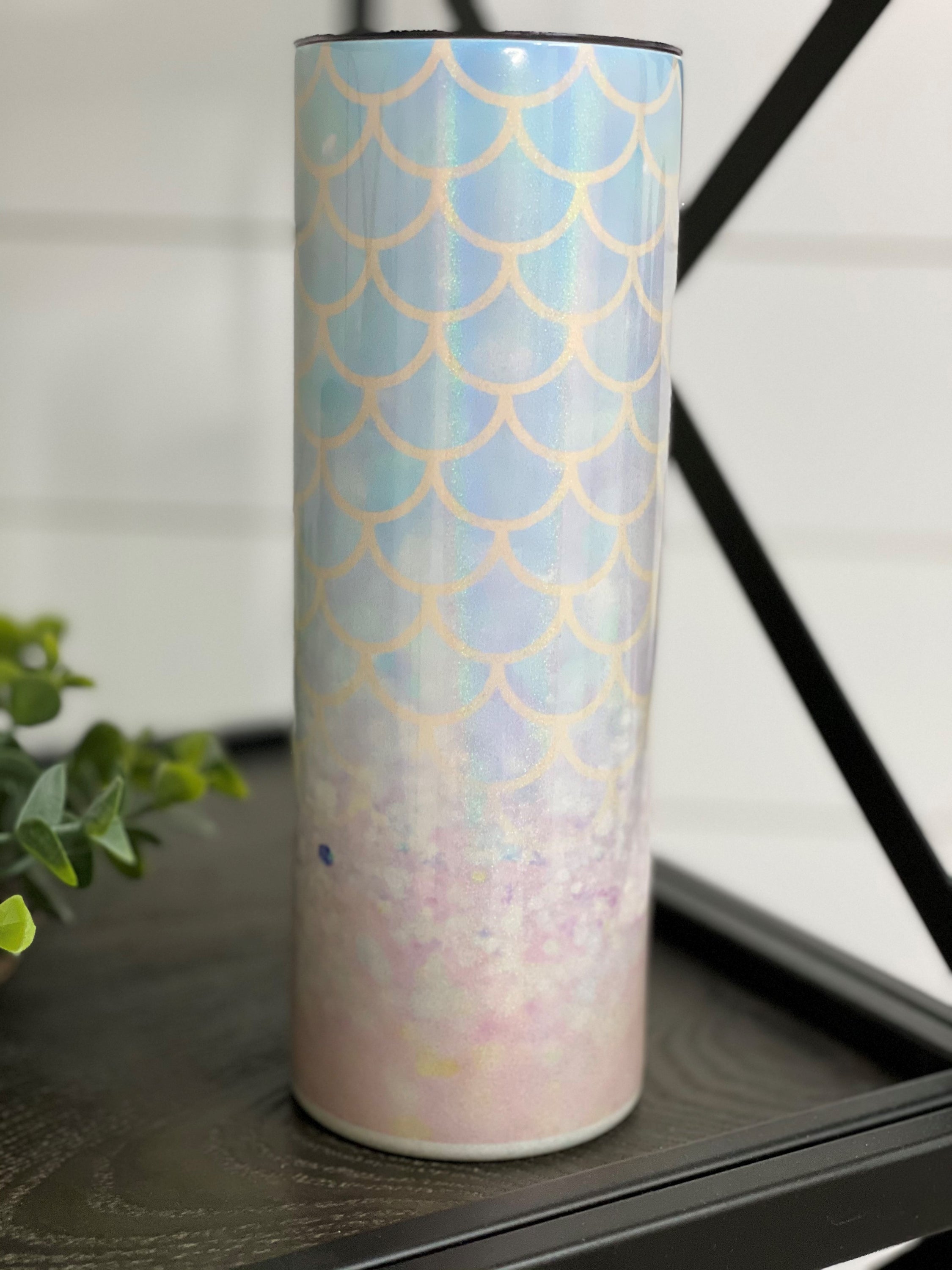 Mermaid 20oz Shimmer Skinny Tumbler with rainbow shimmer effect, showcasing vibrant colors and sleek design.