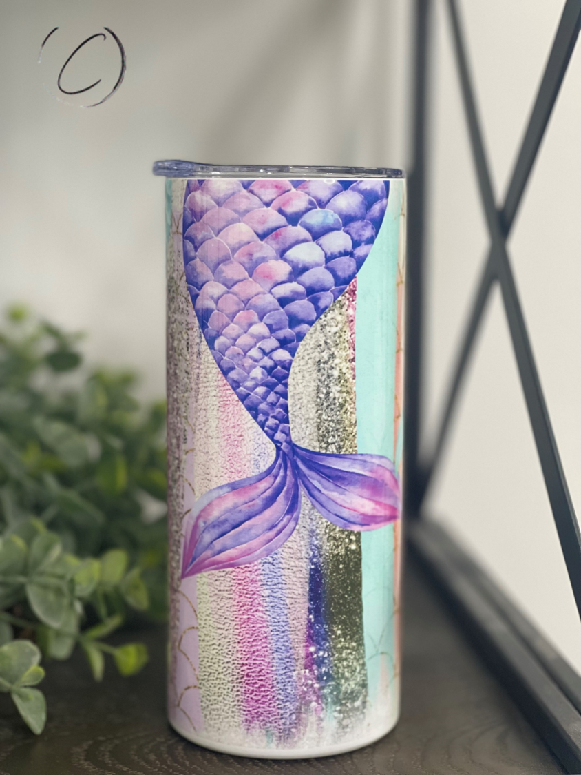 Colorful Mermaid Tails 15oz Kids Skinny Tumbler with a straw, featuring a whimsical mermaid design.