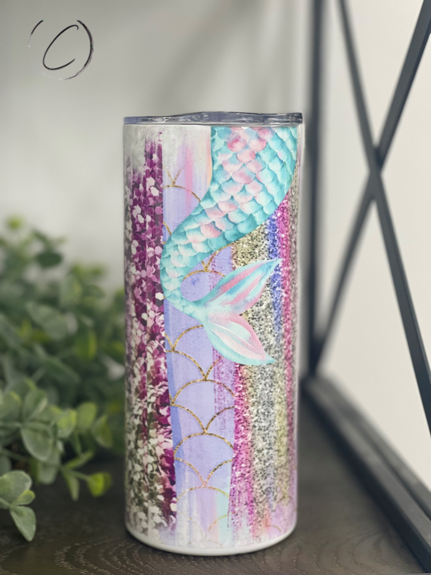 Colorful Mermaid Tails 15oz Kids Skinny Tumbler with a straw, featuring a whimsical mermaid design.