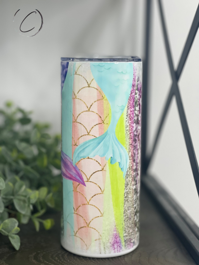 Colorful Mermaid Tails 15oz Kids Skinny Tumbler with a straw, featuring a whimsical mermaid design.