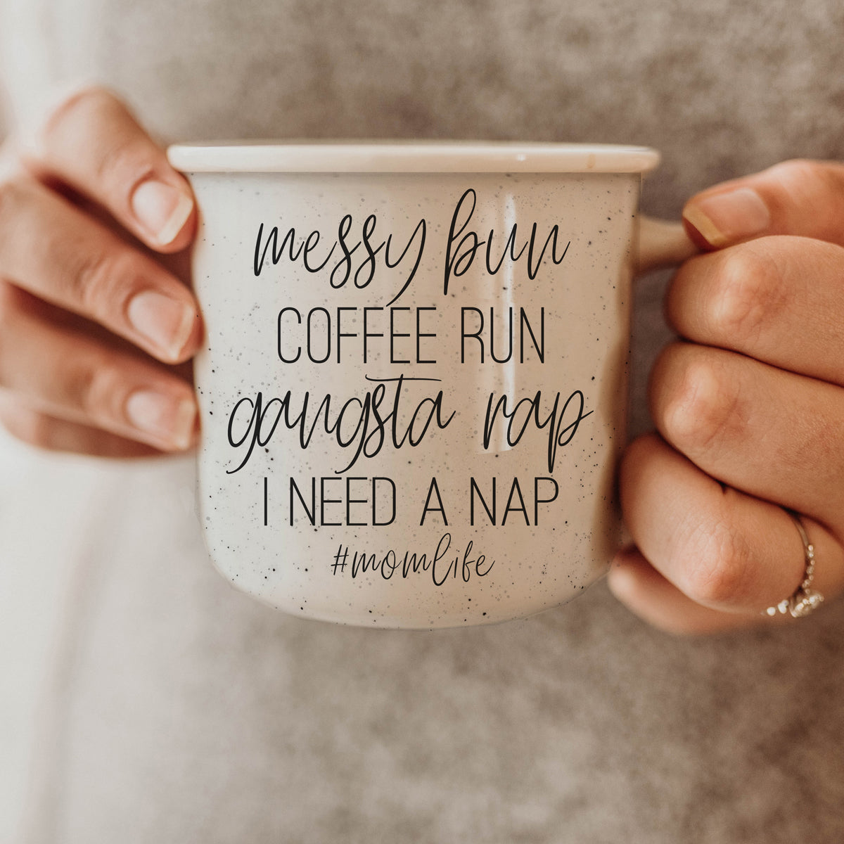 Messy Bun Coffee Run 14.5oz Ceramic Mug with double-sided design, light ivory color, and black lettering, perfect for coffee lovers.