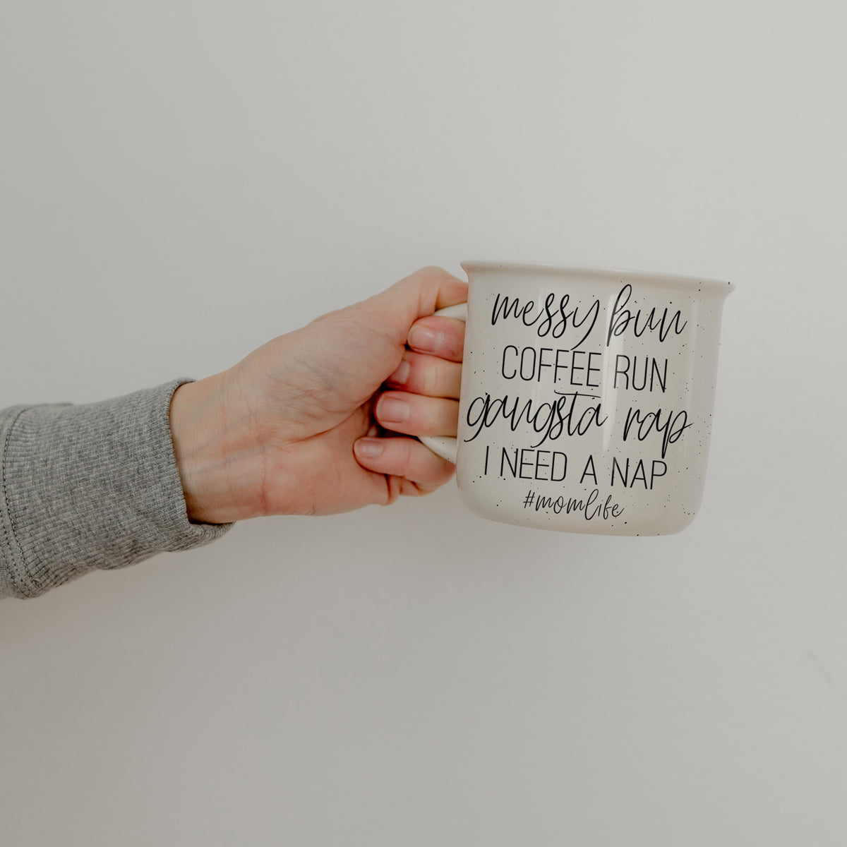 Messy Bun Coffee Run 14.5oz Ceramic Mug with double-sided design, light ivory color, and black lettering, perfect for coffee lovers.