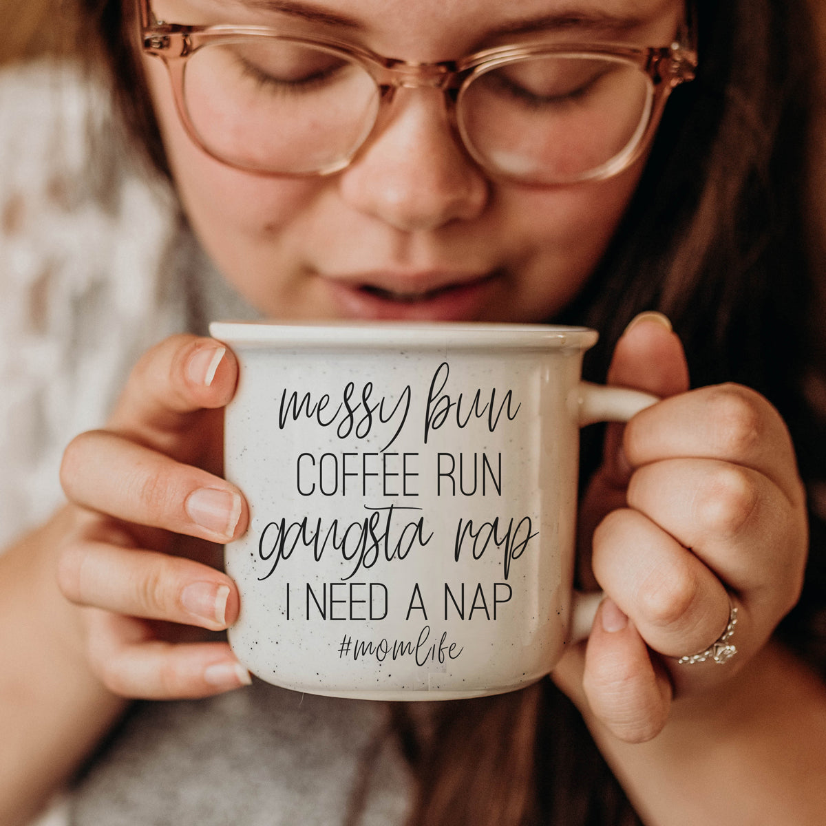 Messy Bun Coffee Run 14.5oz Ceramic Mug with double-sided design, light ivory color, and black lettering, perfect for coffee lovers.