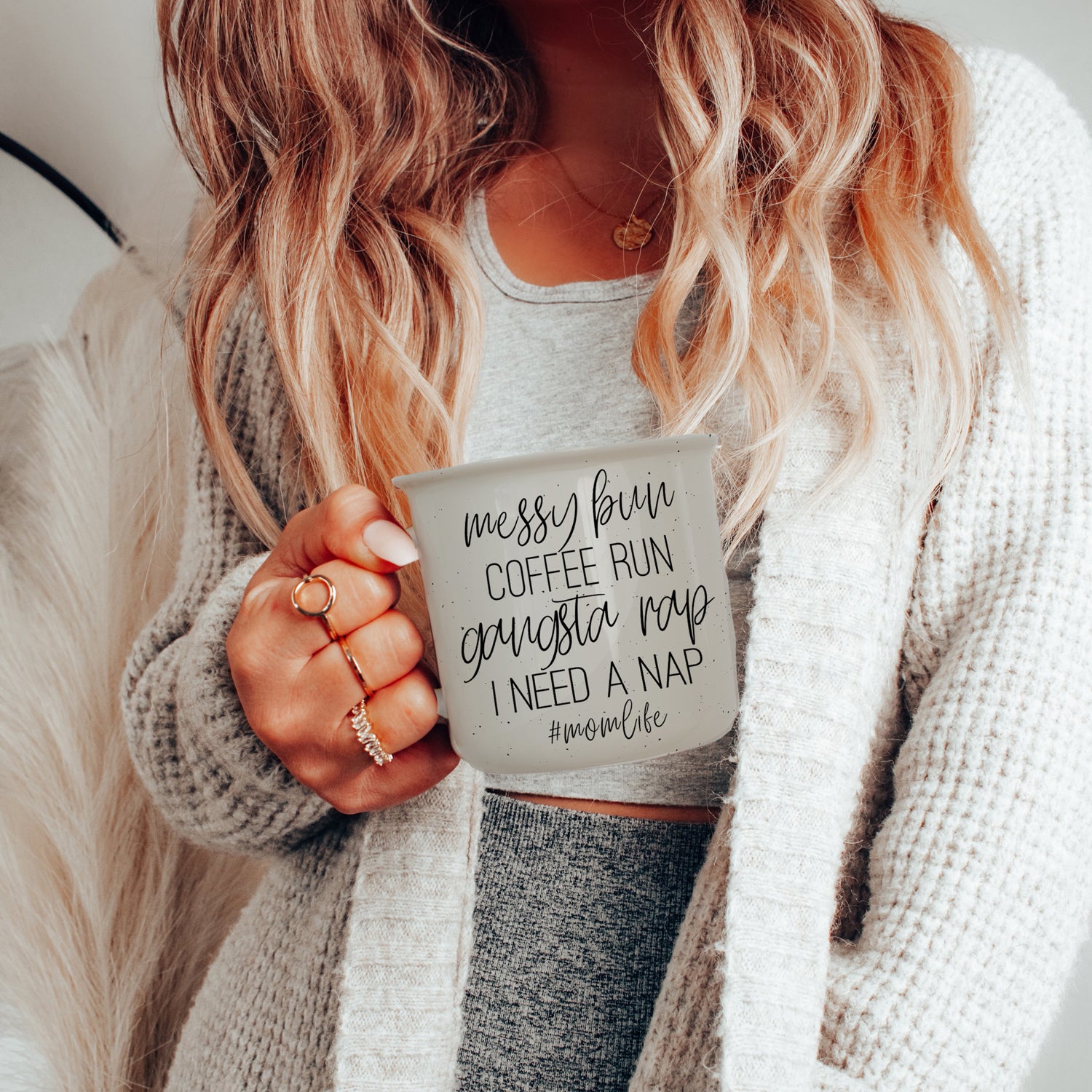 Messy Bun Coffee Run 14.5oz Ceramic Mug with double-sided design, light ivory color, and black lettering, perfect for coffee lovers.