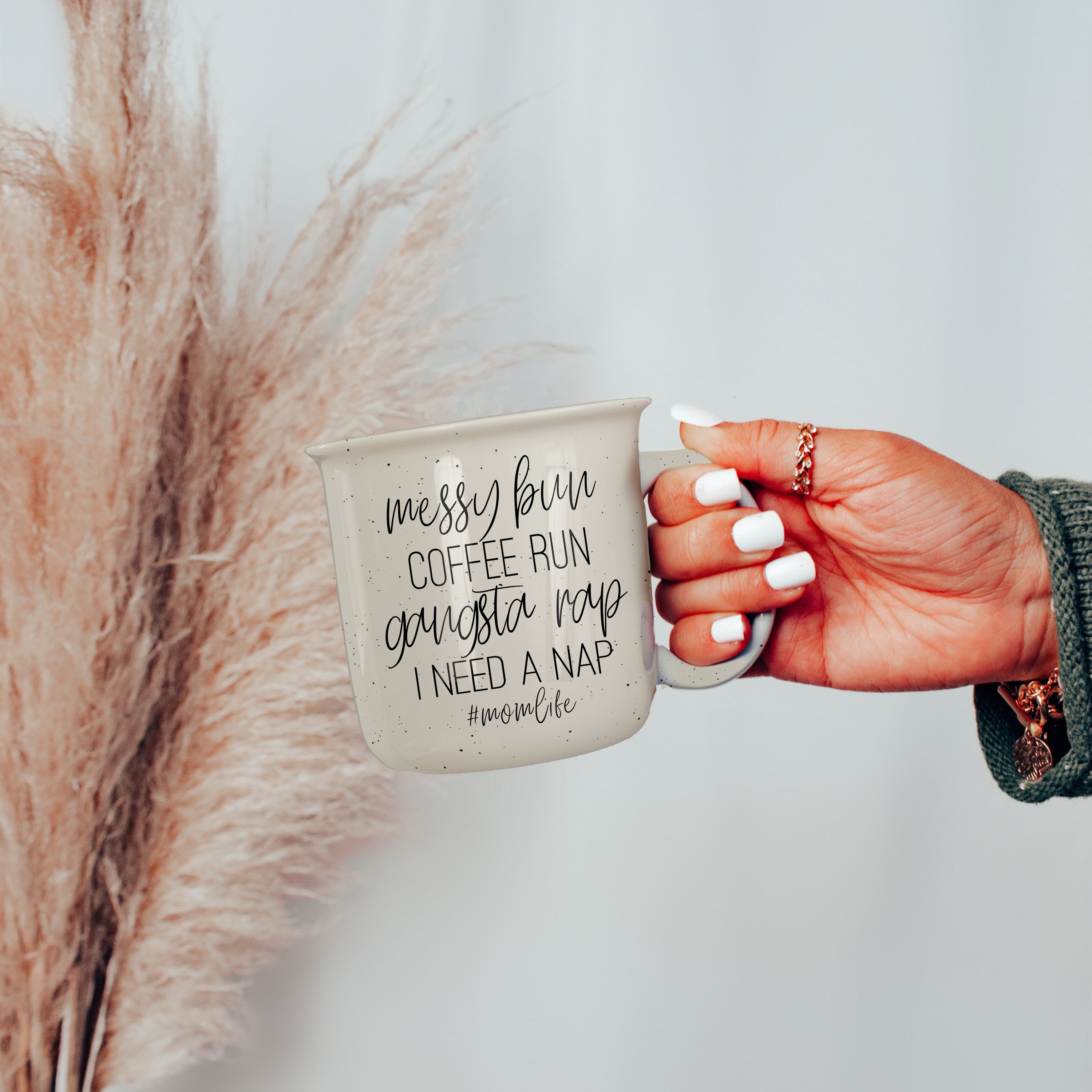 Messy Bun Coffee Run 14.5oz Ceramic Mug with double-sided design, light ivory color, and black lettering, perfect for coffee lovers.