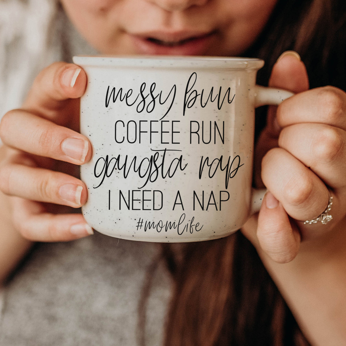 Messy Bun Coffee Run 14.5oz Ceramic Mug with double-sided design, light ivory color, and black lettering, perfect for coffee lovers.