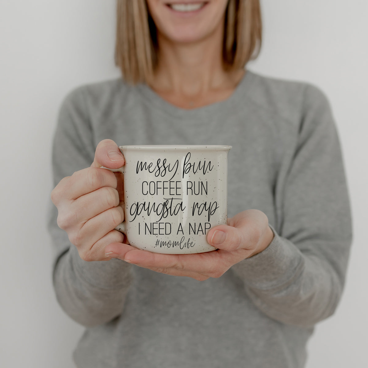 Messy Bun Coffee Run 14.5oz Ceramic Mug with double-sided design, light ivory color, and black lettering, perfect for coffee lovers.