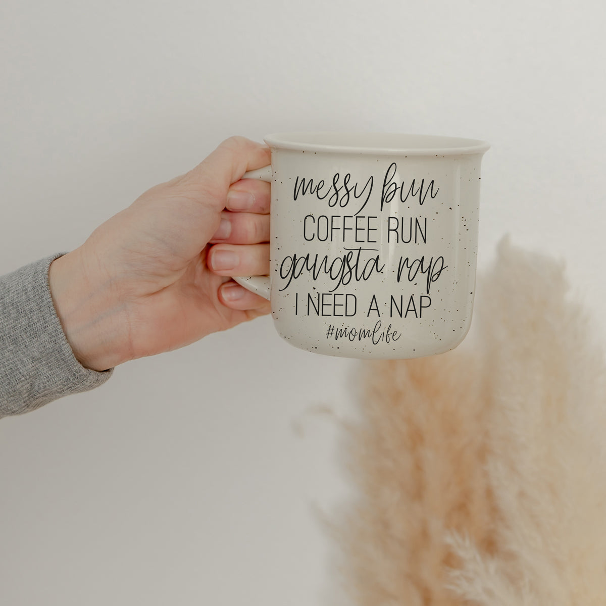 Messy Bun Coffee Run 14.5oz Ceramic Mug with double-sided design, light ivory color, and black lettering, perfect for coffee lovers.