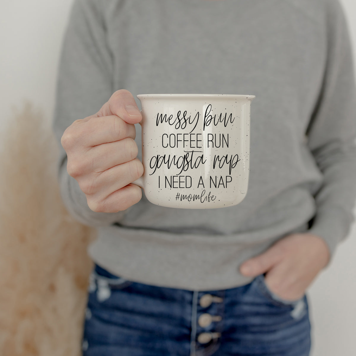 Messy Bun Coffee Run 14.5oz Ceramic Mug with double-sided design, light ivory color, and black lettering, perfect for coffee lovers.