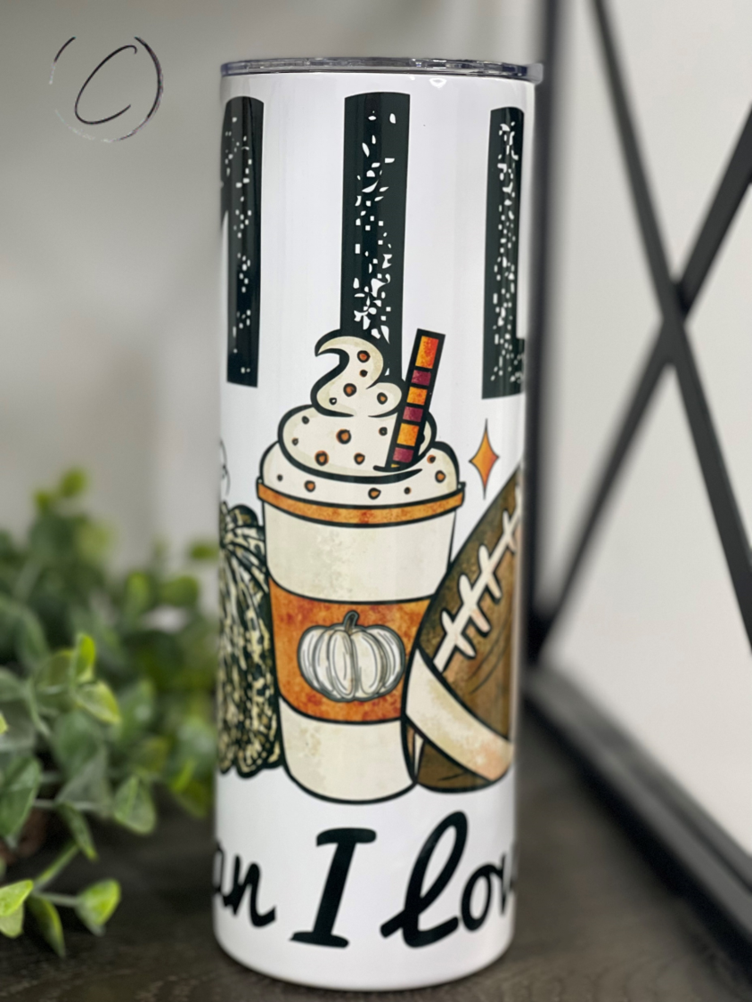 M.I.L.F. Everything Fall 20oz Skinny Tumbler with vibrant design and reusable straw.