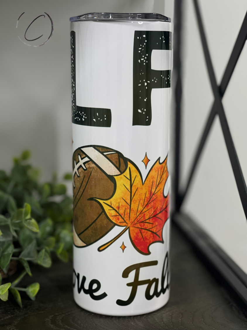 M.I.L.F. Everything Fall 20oz Skinny Tumbler with vibrant design and reusable straw.