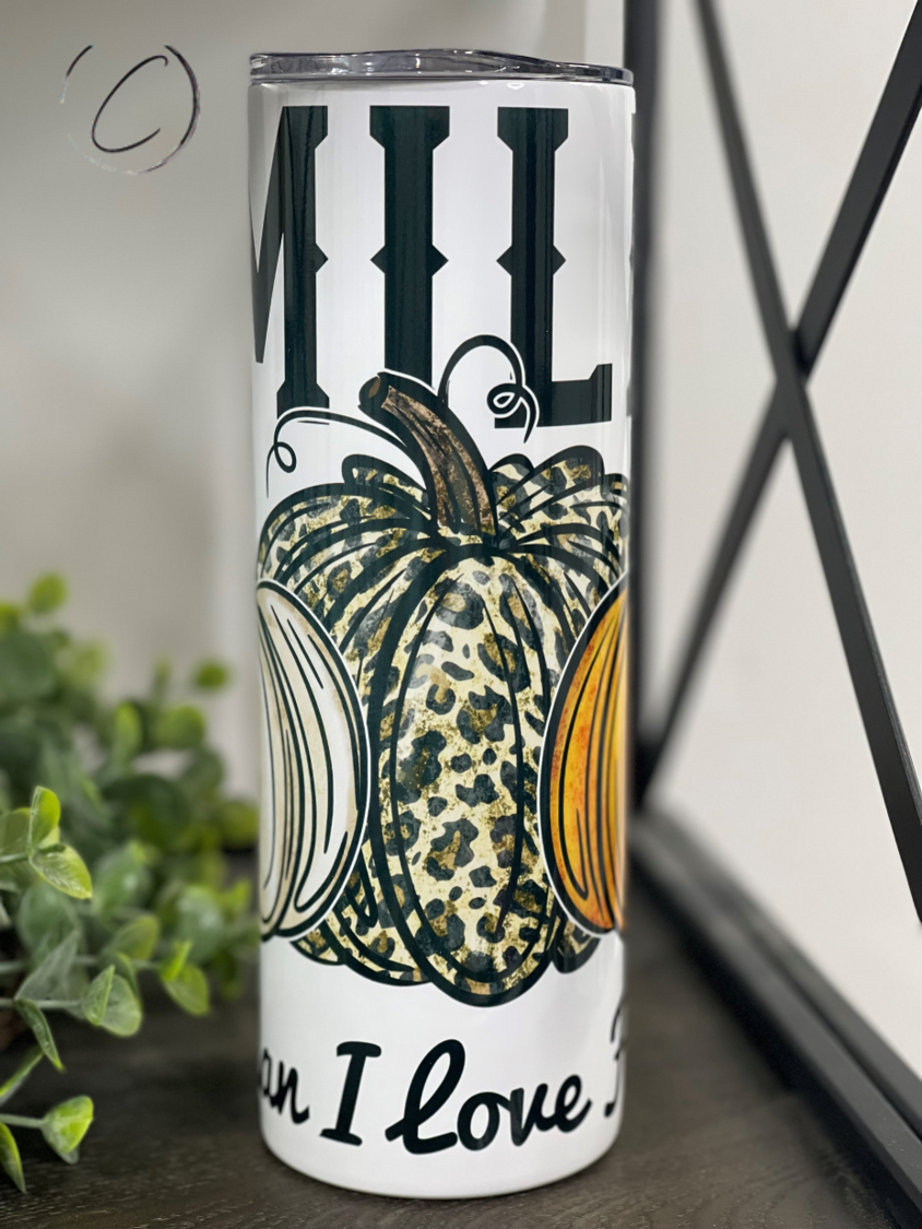 M.I.L.F. Pumpkins 20oz Skinny Tumbler with vibrant fall design and reusable straw.