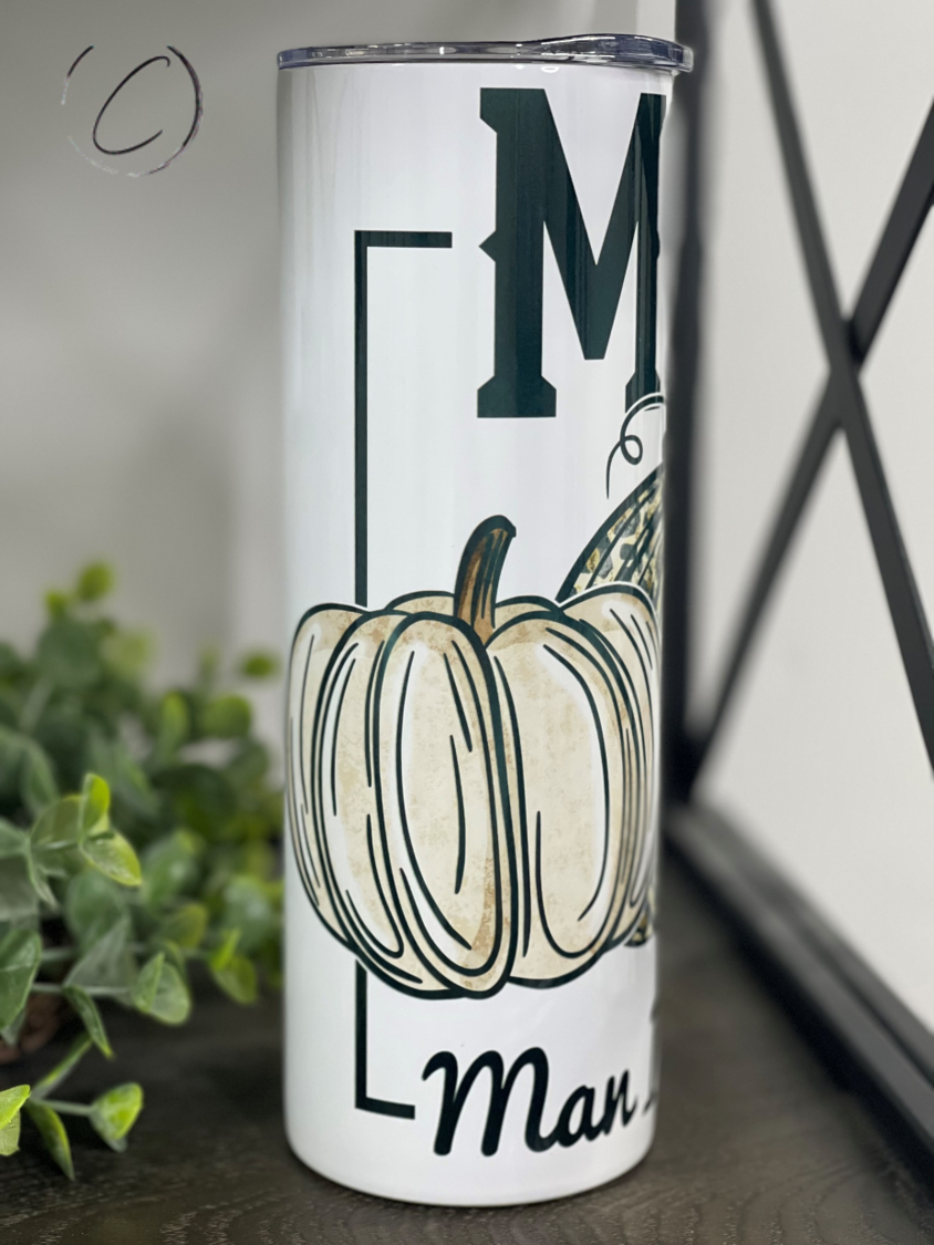 M.I.L.F. Pumpkins 20oz Skinny Tumbler with vibrant fall design and reusable straw.