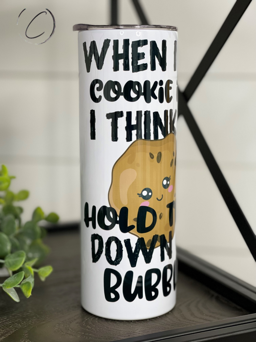 A stylish Milk & Cookies 20oz Skinny Tumbler featuring a whimsical design, perfect for hot and cold beverages.