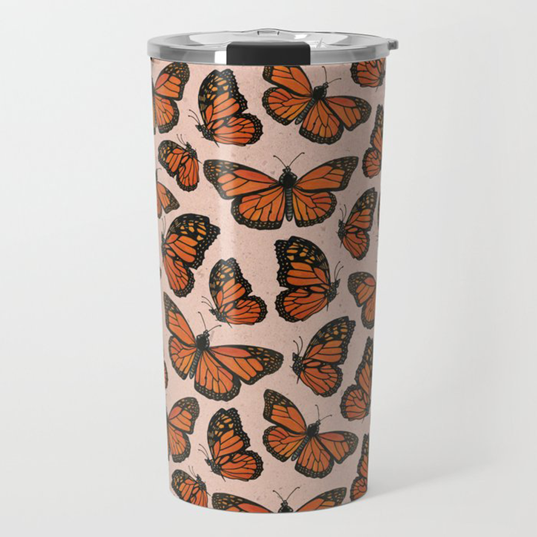 Monarch Butterfly Travel Coffee Mug showcasing vibrant butterfly artwork on a stainless steel body.