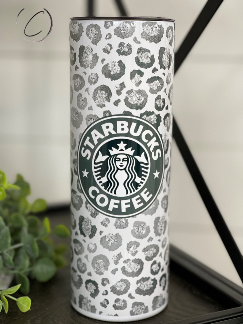 Monochromatic Leopard Starbucks 20oz Skinny Tumbler with a stylish leopard print design, featuring a reusable straw.