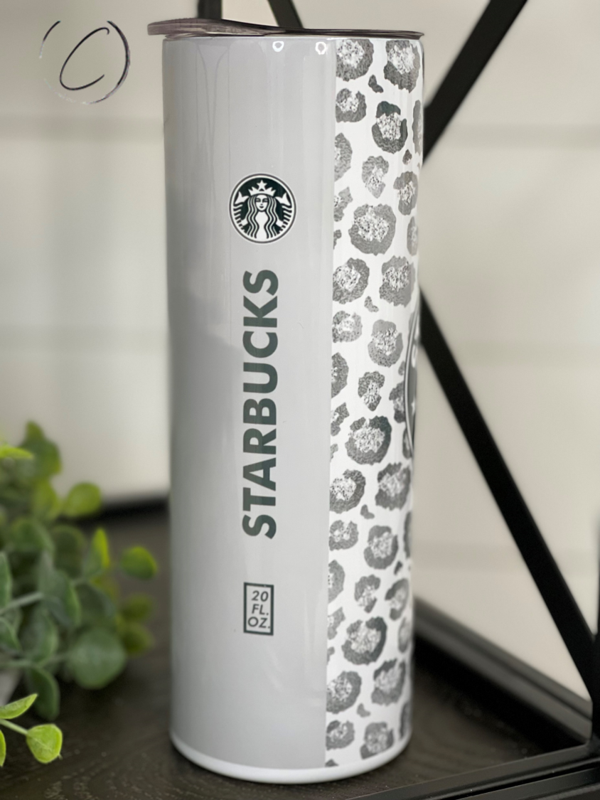 Monochromatic Leopard Starbucks 20oz Skinny Tumbler with a stylish leopard print design, featuring a reusable straw.