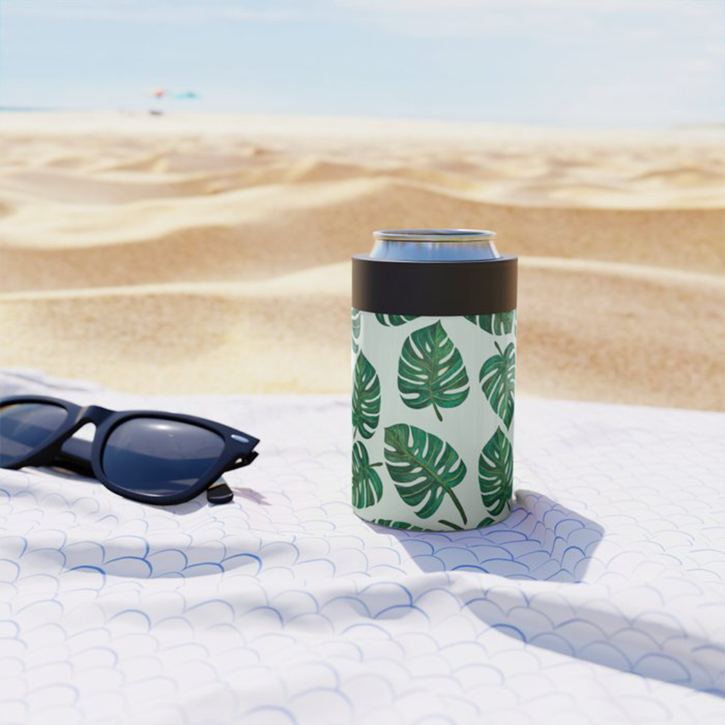 Monstera Watercolor Can Cooler showcasing vibrant watercolor design and stainless steel construction, perfect for keeping drinks cold.