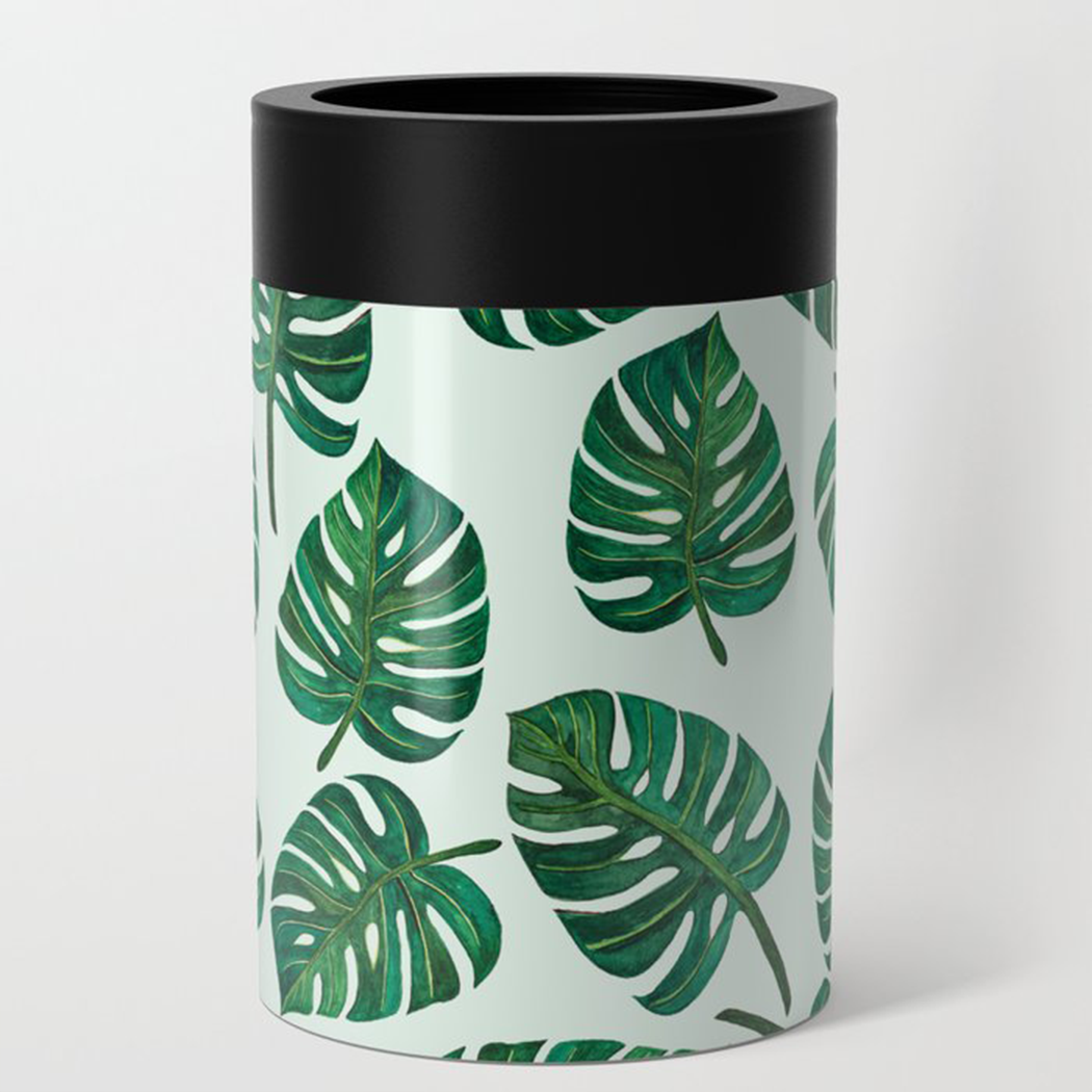 Monstera Watercolor Can Cooler showcasing vibrant watercolor design and stainless steel construction, perfect for keeping drinks cold.