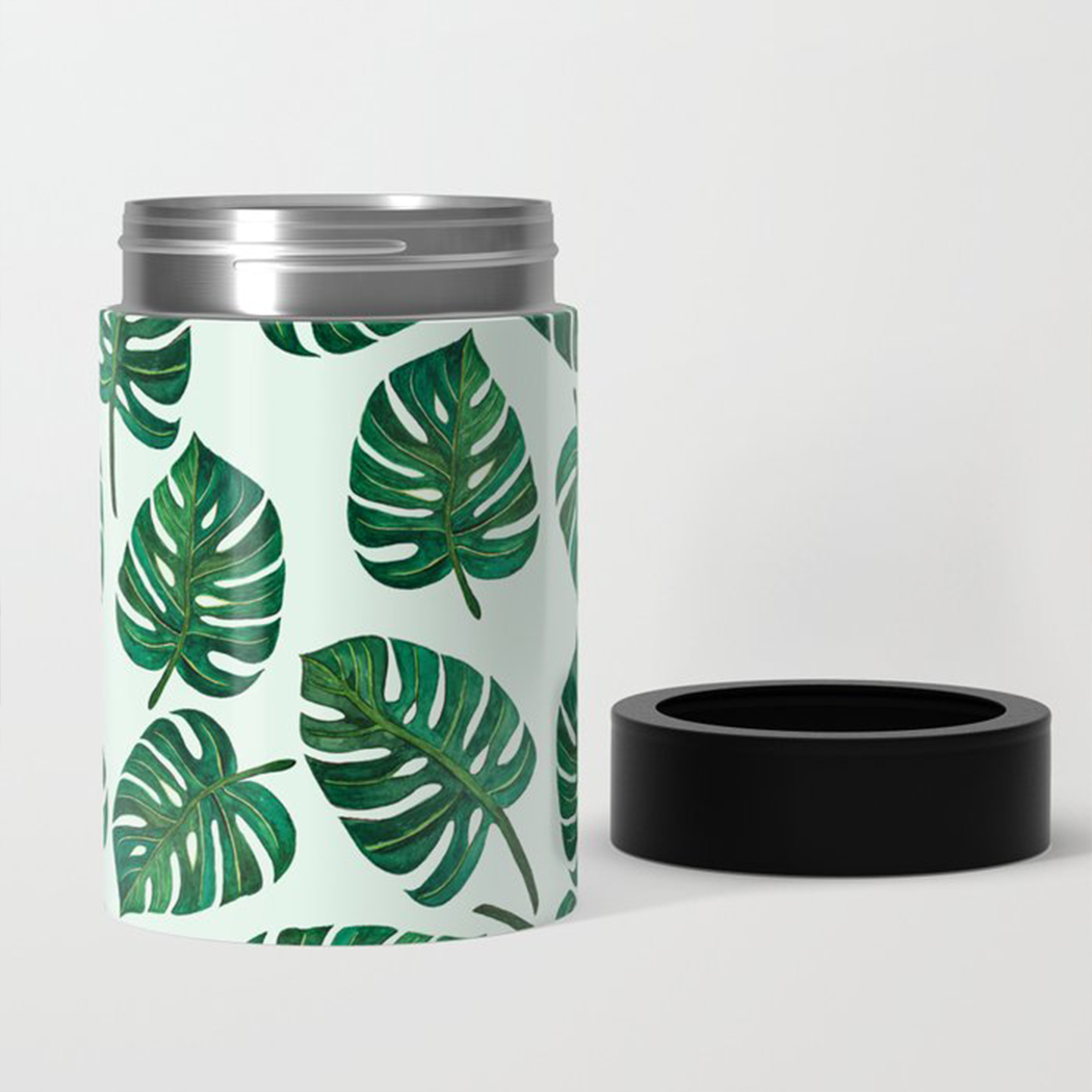 Monstera Watercolor Can Cooler showcasing vibrant watercolor design and stainless steel construction, perfect for keeping drinks cold.