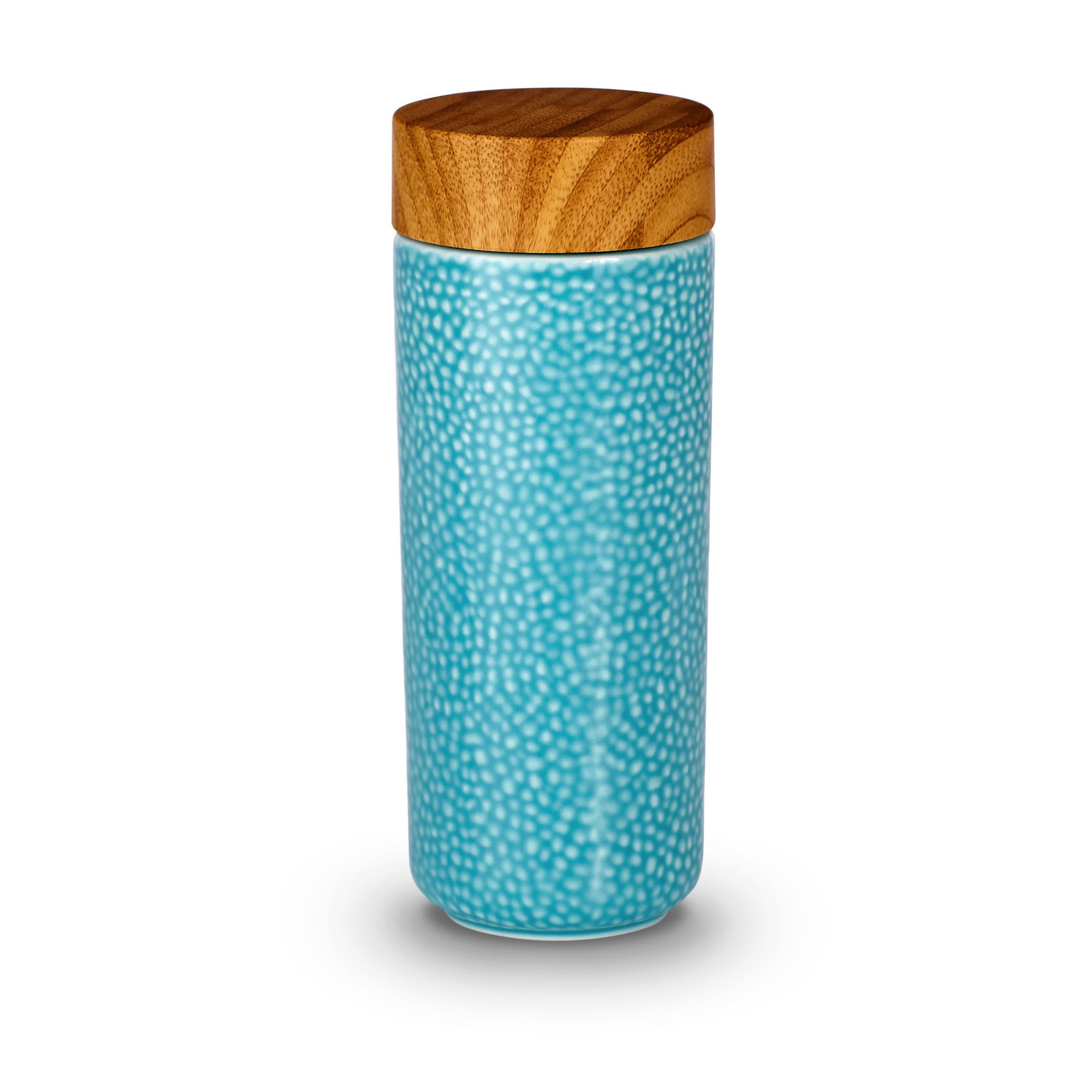 Morning Dew Ceramic Tumbler with hand-painted design, double wall insulation, and eco-friendly materials, featuring a walnut wood-effect lid.