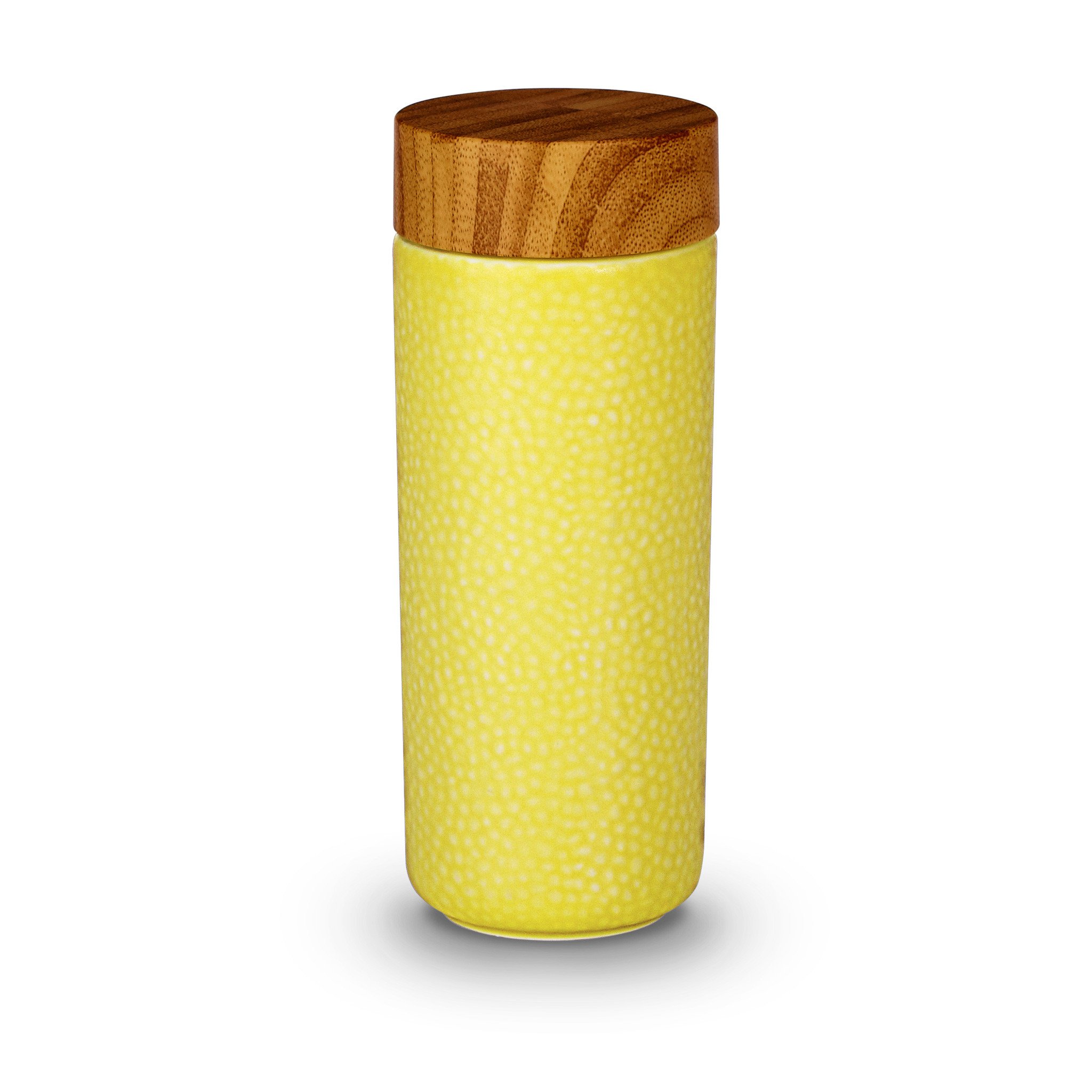 Morning Dew Ceramic Tumbler with hand-painted design, double wall insulation, and eco-friendly materials, featuring a walnut wood-effect lid.