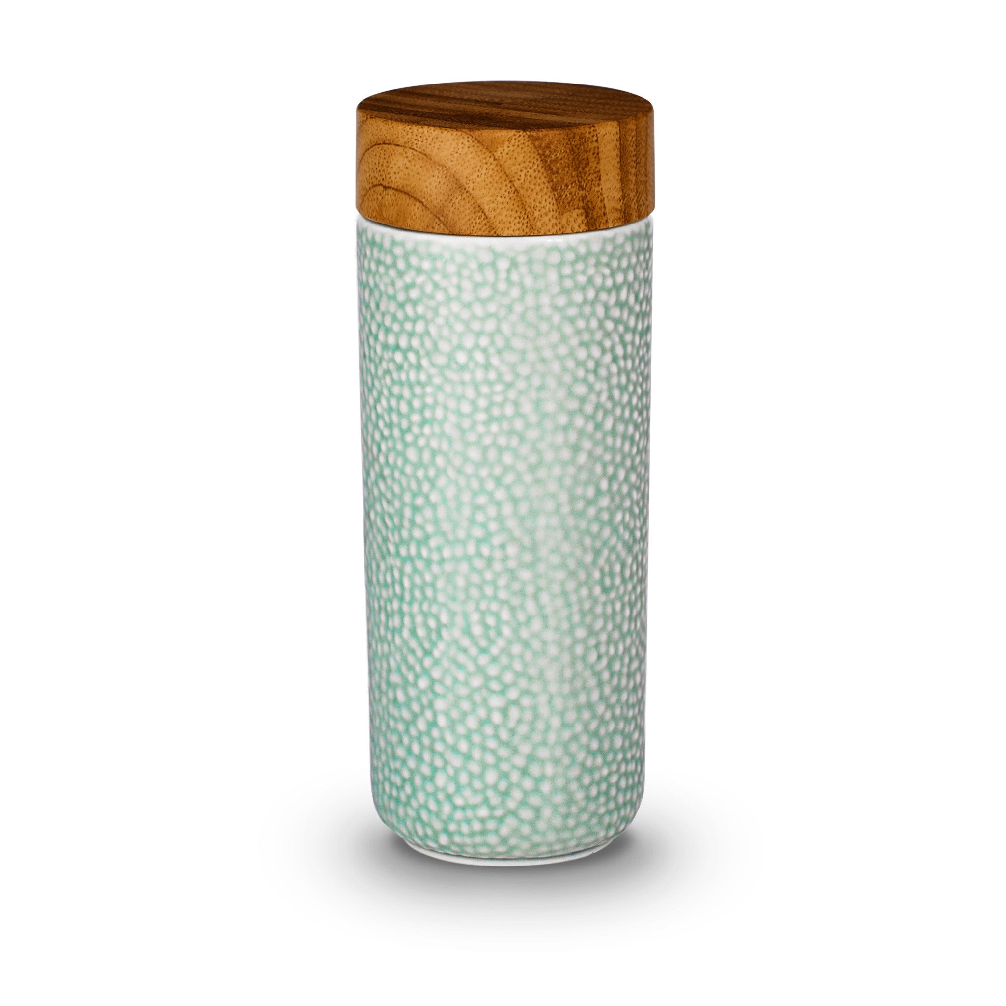 Morning Dew Ceramic Tumbler with hand-painted design, double wall insulation, and eco-friendly materials, featuring a walnut wood-effect lid.