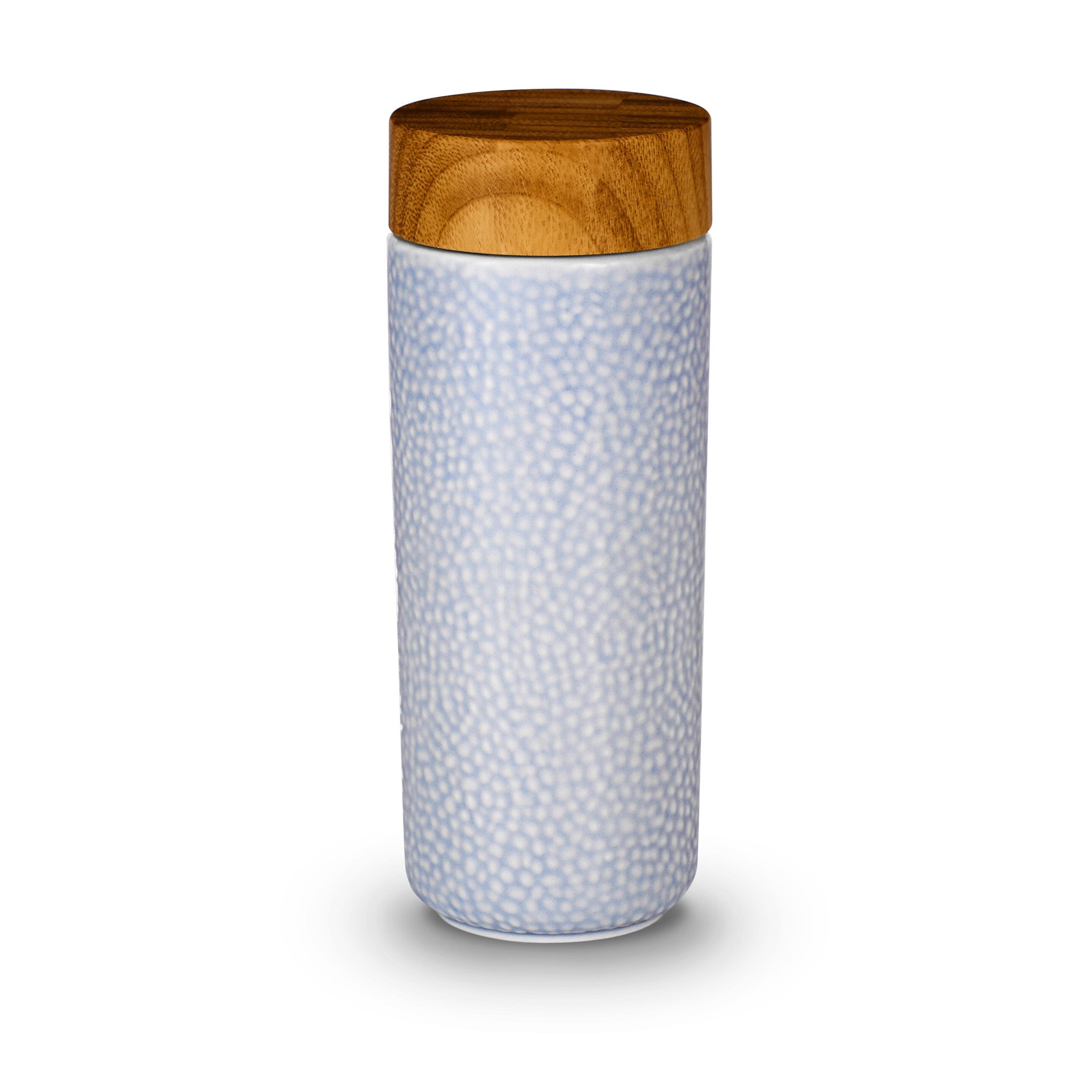 Morning Dew Ceramic Tumbler with hand-painted design, double wall insulation, and eco-friendly materials, featuring a walnut wood-effect lid.