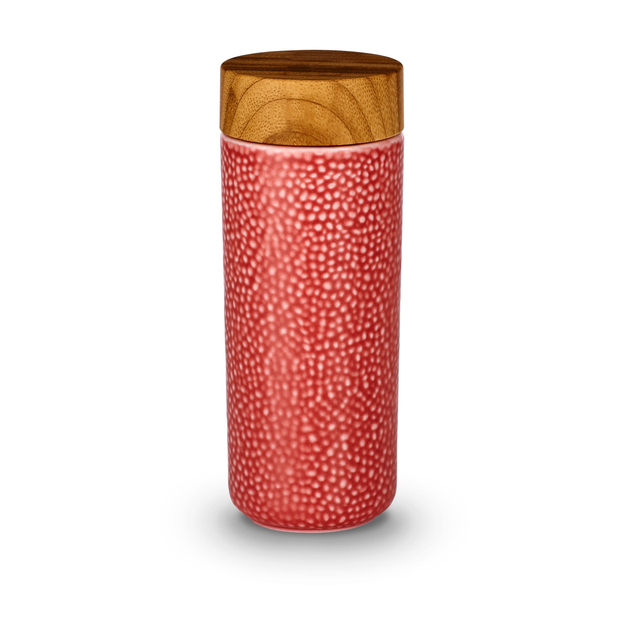 Morning Dew Ceramic Tumbler with hand-painted design, double wall insulation, and eco-friendly materials, featuring a walnut wood-effect lid.