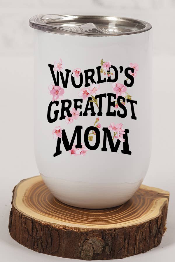 A stylish 12 oz stainless steel wine tumbler featuring a floral design, perfect for Mother's Day gifts, with a lid and straw included.