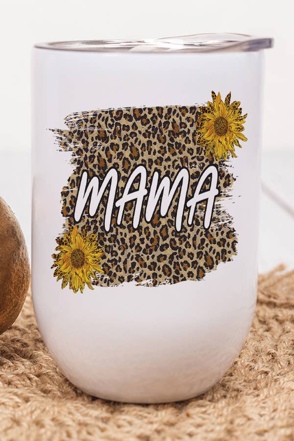 12 oz stainless steel wine tumbler featuring a leopard mama design with a sunflower, includes a lid and straw.