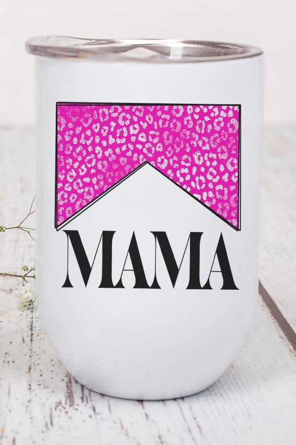 A stylish 12 oz stainless steel wine tumbler with a pink leopard print design, featuring a lid and plastic straw.